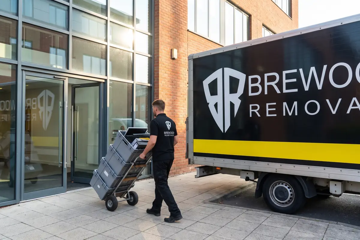 Brewood Removals crew moving labelled office desks and equipment into a liveried van